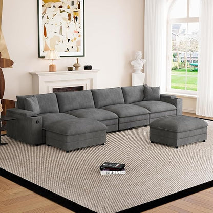 148.7" U Shaped Cloud Sofa Couch with Ottoman, Storage Armrest, Cup Holders, USB & Type-C Ports, Spring Cushions, Solid Wood Frame, Chenille Modular Sectional for Living Room (Dark Gray-U-148.7")
