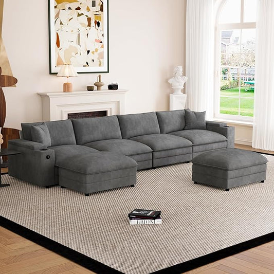 148.7" U Shaped Cloud Sofa Couch with Ottoman, Storage Armrest, Cup Holders, USB & Type-C Ports, Spring Cushions, Solid Wood Frame, Chenille Modular Sectional for Living Room (Dark Gray-U-148.7")