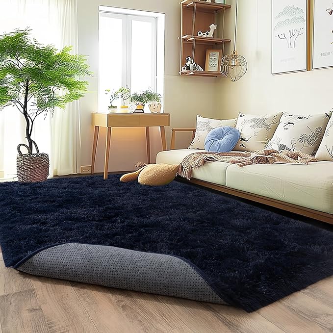 Super Fluffy Rug for Bedroom, 4x6 Shag Fuzzy Area Rug for Living Room Bedroom, Plush Soft Carpet for Girls Boys Kids, Non Slip Throw Rugs for Dorm, Modern Home Decor Aesthetic, Dark Blue
