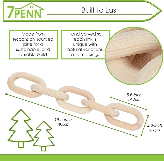 7Penn Wood Chain Link Decor - Small Decorative Chain Coffee Table Decor Pine Wood 5 Link Chain for Shelves