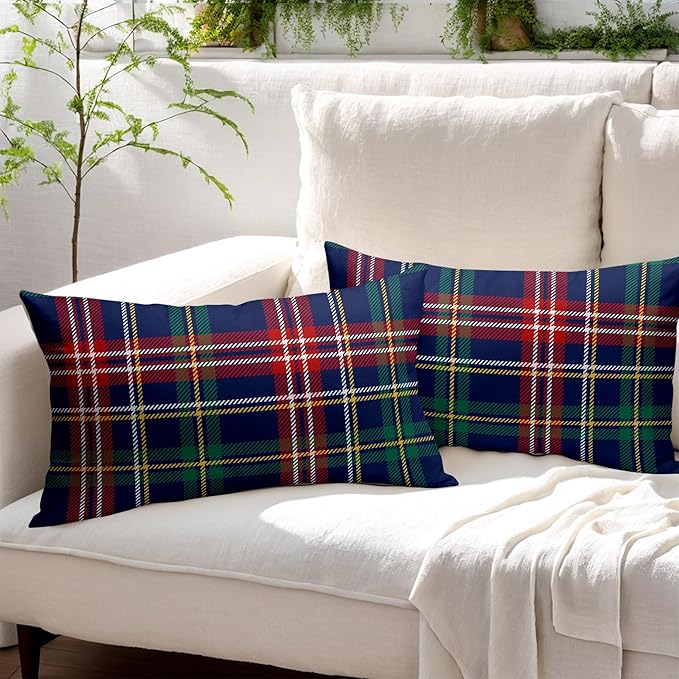 Christmas Tartan Lumbar Pillow Covers 12x20 Set of 2 Navy Blue Green Red Plaid Print Decorative Outdoor Xmas Throw Pillow Cases Winter Holiday Decoration Farmhouse Sofa Couch Cushion Cover Bed Decor