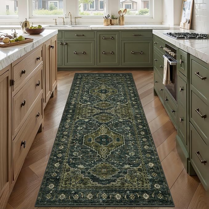 Tangsoo 2x5 Washable Runner Rug for Hallways, Non Slip Vintage Runner Rug, Soft Low Pile Long Rug Runner, Print Distressed Carpet Runners for Kitchen Bedroom Entryway Bathroom Living Room Olive Green