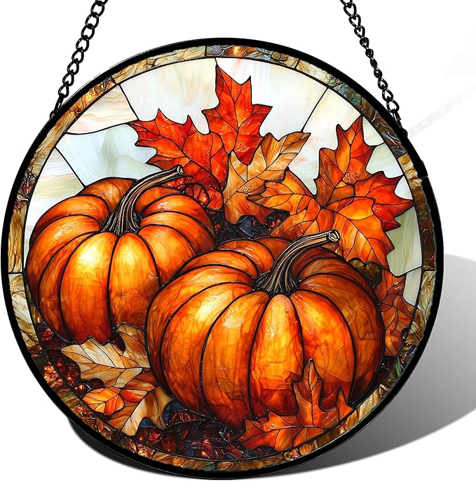 DASTOLL Stained Glass Window Hanging, Pumpkin Maple Leaf Suncatcher for Doors Home Sun Catchers Decoration and Christmas, Mother's Day Birthday Gifts for Women, Men, and Mom 15x15 in