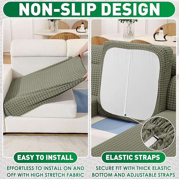 MAXIJIN Couch Cushion Covers for Sectional Sofa, Stretch Sofa Cushion Cover Washable Furniture Protector with Elastic Bottom & Non-Slip Strap for Pets Kids (3PC Seat Cover, Army Green)