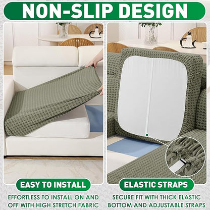 MAXIJIN Couch Cushion Covers for Sectional Sofa, Stretch Sofa Cushion Cover Washable Furniture Protector with Elastic Bottom & Non-Slip Strap for Pets Kids (1PC Seat Cover, Army Green)
