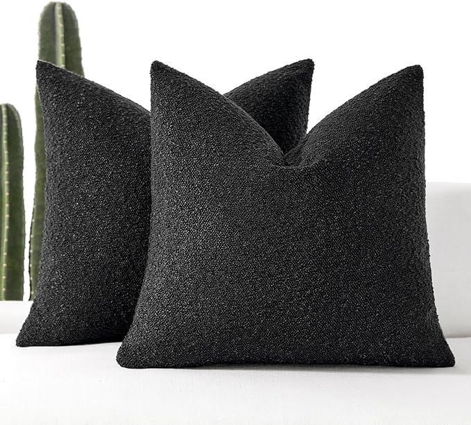 Boucle Decorative Throw Pillow Covers for Couch Set of 2, 18x18 inches, Black