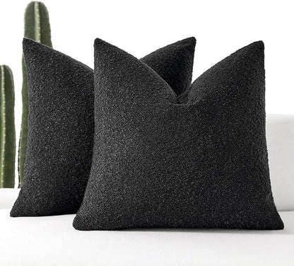 Boucle Decorative Throw Pillow Covers for Couch Set of 2, 20x20 inches, Black