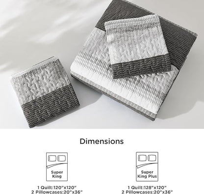 Litanika Oversized King Quilt Set Dark Grey, 120x120 Stripe Bedspread Coverlet 3 Pieces, Dark Grey Lightweight Quilted Bedding Set for All Season(Super King-1 Quilt, 2 Pillowcases)