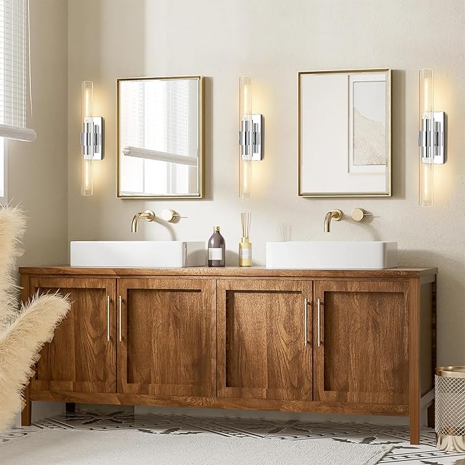 Chrome Wall Sconces, 22.8" Bathroom Sconces, Indoor Sconces Wall Lighting Up and Down, Nickel Wall Sconce Dimmable, Vanity Lights Fixtures with Tube, Glass Sconce for Bedroom, Staircase