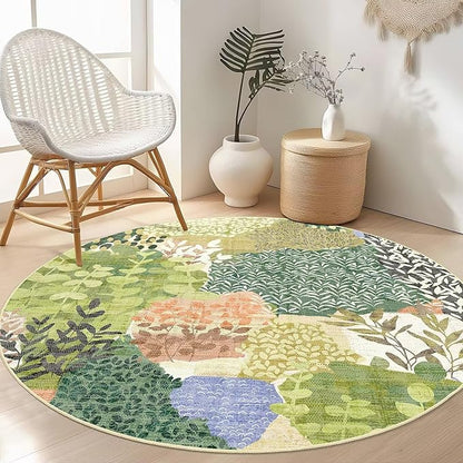DEXDE Round Rug 4ft Washable Circle Area Rugs Non Slip Low Pile Boho Floral Small Circular Carpet for Bedroom Bathroom Entryway Kids Room Office Dining Room,Green