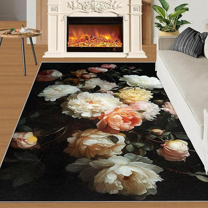 Flowers 4x5 Area Rugs for Living Room Peony Washable Rug Rustic Flowers Rug Non Slip Low Pile Soft Area Rugs for Bedroom Bedside Dining Room Kids