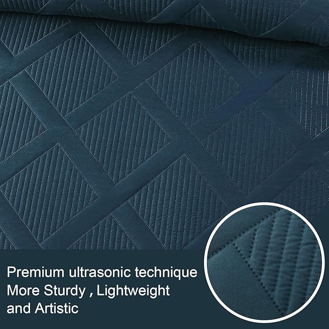 Exclusivo Mezcla King Quilt Set- Navy Blue Quilts Bedding Set with 2 Pillow Shams, Modern King Bedspread with Striped Pattern, Soft Lightweight Bedspreads Coverlets for All Seasons