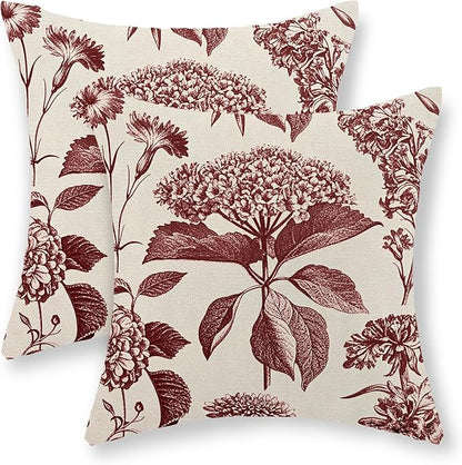 Burgundy Red Pillow Covers 18x18 Set of 2 Vintage Boho Floral Hydrangea Herbs Botanical Throw Pillows Outdoor Flower Decoration Pillowcase Linen Farmhouse Cushion Case Decor for Couch Sofa