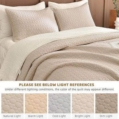 Sanracie Oversized Queen Bedspread Set 102"*118",100% Cotton Quilts Queen Size Linen Colored Circular Quilting Extra Large Quilt Bedding Coverlet Set 3Pcs Quilted Bed Blanket Lightweight