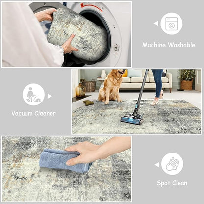 Lahome Modern Abstract Area Rug - 3x5 Gray Washable Entry Rug, Soft Non-Slip Contemporary Nursery Mat Indoor Throw Kitchen Carpet for Living Dining Bedroom Chair Decor