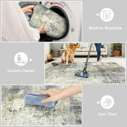 Lahome Modern Abstract Round Rug - 3Ft Small Washable Kitchen Round Area Rug Bedroom 3x3 Circle Mat, Soft Low Pile Non Slip Indoor Throw Carpet for Cabinet Bathroom Home Office, Grey