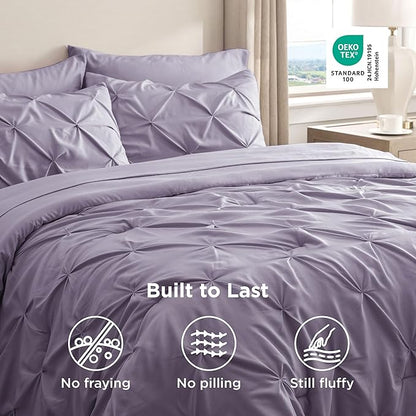 Bedsure Queen Comforter Set - Bed in a Bag Queen Size Bedding 7 Pieces, GentleSoft™ Pintuck Bed Set Gift for Family, Pinch Pleat Grayish Purple Comforter with Sheets, Pillowcases & Shams