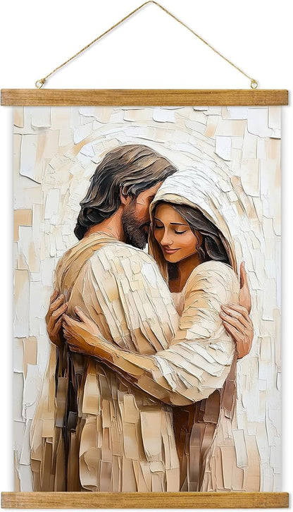 ABoby Jesus Embracing Woman Poster, Safely in the Arms of Jesus Wall Art Decor, Christian Painting for Living & Prayer Room