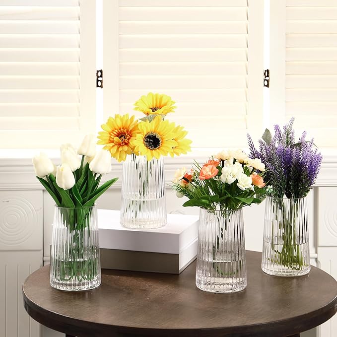 Clear Glass Vases Set of 4, Small Vases for Flowers, Flower Vase for Bouquet, Modern Ribbed Glass Vase for Living Room, Bedroom, Dining Table, Office, Wedding, Centerpieces