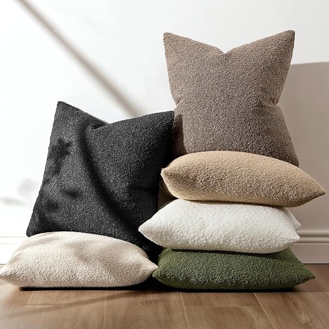 ANRODUO Pack of 2 Textured Boucle Throw Pillow Covers Soft Black Euro Decorative Accent Solid Pillow Cases Cozy Modern Couch Cushion Case for Chair Sofa Bedroom Living Room Home Decor, 24 x 24 Inch
