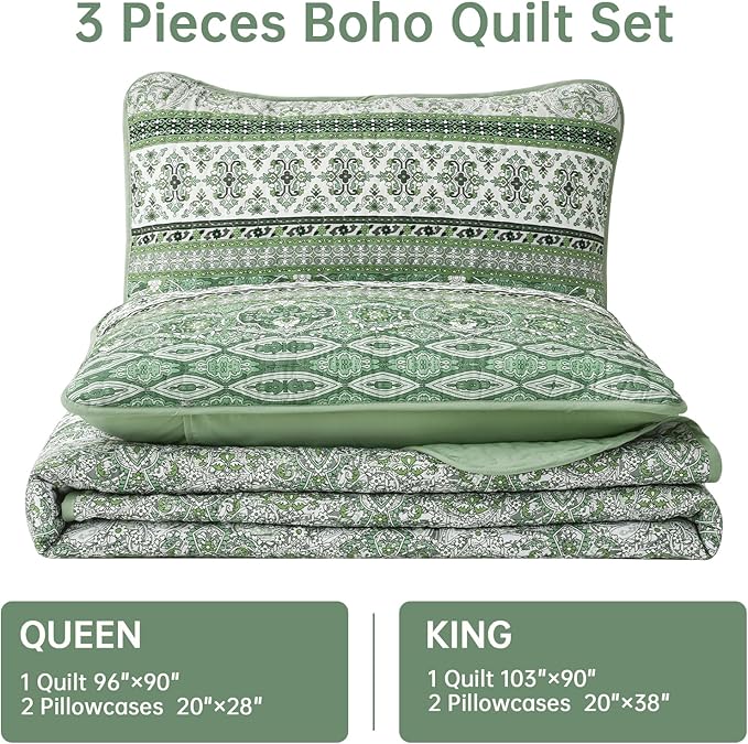 WONGS BEDDING Boho Queen Quilt Set, Light Green Bohemian Quilt Bedding Set, Lightweight Bed Decor Bedspread for All Season Reversible Microfiber Coverlet Bedding Set 96"x90"(3 Pieces)