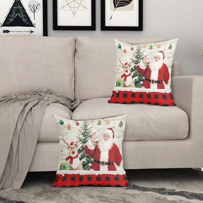 Christmas Pillow Covers 24x24 Set of 2 Red Santa Throw Pillow Covers Winter Deer Pillowcase Linen Decoration Farmhouse Cozy Soft Cushion Case Couch for Indoor Outdoor Home Decor