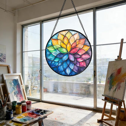 DASTOLL Stained Glass Window Hanging, Colorful Flower Petals Sun Catchers Diamond Glass Panel Hangings Suncatcher Decor for Birthday for Women, Men, Wife, Aunt, and Mom 11.8x11.8 in