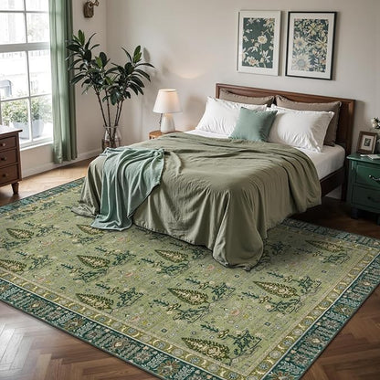 Tangsoo 5x7 Washable Area Rug for Living Room,Non Slip Vintage Boho Green Floral Indoor Rug for Bedroom Office, Soft Low Pile Foldable Floor Rugs for Dining Room Nursery Home Decor
