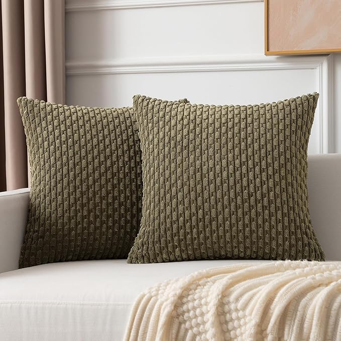 Kevin Textile Pack of 2 Corduroy Decorative Throw Pillow Covers 24x24 Inch Soft Boho Striped Pillow Covers Modern Farmhouse Home Decor for Sofa Living Room Couch Bed Olive Green