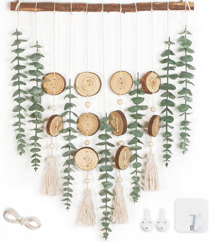 Artificial Eucalyptus Wall Hanging Decor - Fake Eucalyptus Greenery Leaves Stems Wall Hanging Plants with Wooden Stick Boho Rustic Farmhouse Decor for Bathroom Bedroom Office Living Room