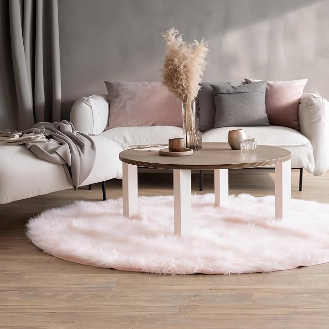 Super Area Rugs Ultra Soft & Fluffy Faux Sheepskin Rug, Light Pink 5 X 5 Round Carpet for Bedroom Living Room