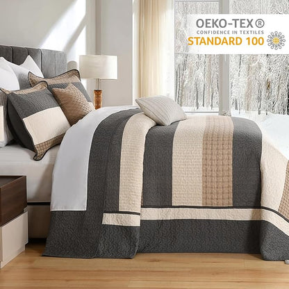 Finlonte Striped Bedspread Set Overszied King Size Lightweight Quilted Bed Spread Comforter Sets, Charcoal/Brown/Beige