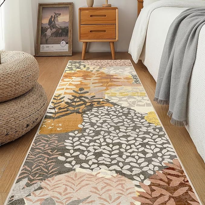 DEXDE Runner Rug 2x8 Fall Washable Hallway Boho Soft Area Rugs Abstract Long Non Slip Leaves Floral Vintage Floor Carpet for Entryway, Kitchen, Laundry, Bathroom, Bedroom,Camel