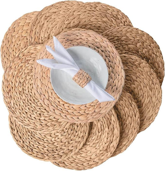13.8" Set of 10 Round Water Hyacinth Placemats | Boho Woven Rattan Table Mats | Farmhouse Wicker Spring Plate Chargers Like Corn Husk, Seagrass for Wedding, Party, Christmas, Events