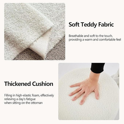 Modern Round Ottoman, Classic Foot Stool Ottoman, Teddy Fleece Upholstered Vanity Stool for Makeup, Bedroom, Living Room, White