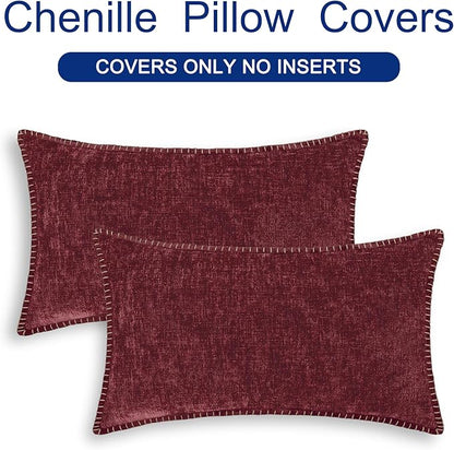 CaliTime Christmas Throw Pillow Covers Decorative 12 X 20 Inches Pack of 2 Cotton Thread Stitching Edges Solid Dyed Soft Chenille Cushion Cases for Couch Sofa Bed Living Room Farmhouse Burgundy