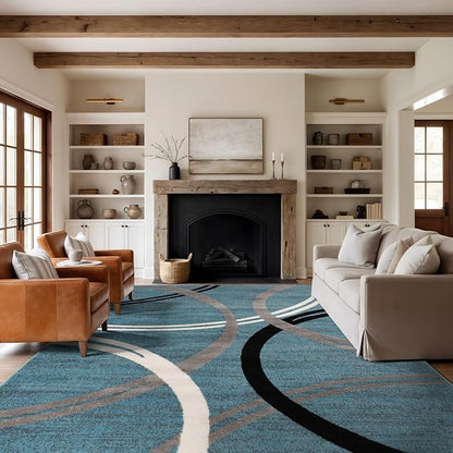 Rugshop Modern Wavy Circles Design Area Rug, Fade-Resistant Carpet Alfombras, Perfect for Bedroom, Dining Room and Living Room, Blue, 8'8" x 12'