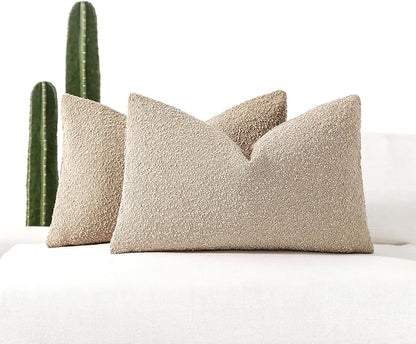 Boucle Decorative Lumbar Pillow Covers for Couch Set of 2, 12x20 inches, Oatmeal