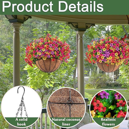 Orgrimmar 2 Pack Artificial Hanging Flowers Basket Outdoor Fake Hanging Plants UV Resistant Realistic Silk Flowers Eucalyptus in Coconut Lining Baskets for Home Porch Balcony Patio Yard Muti-Color