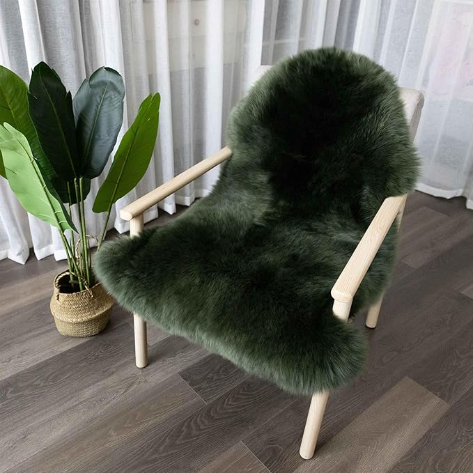 Genuine Sheepskin Rug New Zealand Fluffy Lambskin Rug, Natural Luxury Sheepskin Throw for Bedroom Living Room Children's Room - Premium Area Rug Chair Cover (2×3 Feet, Forest Green)