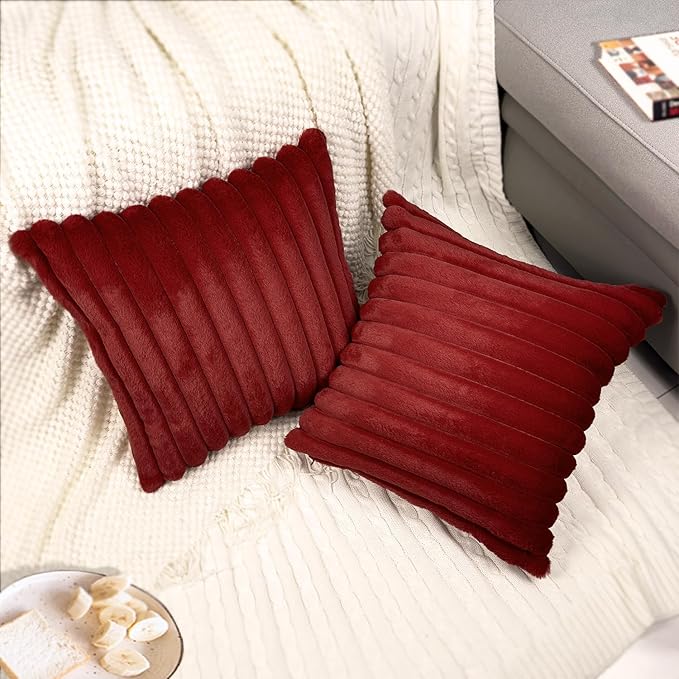 2 Pack 16x16 Pillow Cover Velvet Pillow Covers, Faux Fur Square Throw Pillow Covers for Living Room Decorations Throw Pillow Case, Throw Pillow Cover Cushion Cover for Sofa Bedroom Car, Burgundy Red