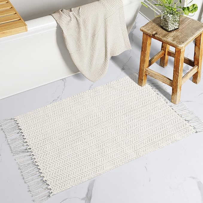 Lahome Boho Bathroom Rugs, Small 2x3 Door Mat Indoor Lightweight Entryway Rug Washable Cotton Area Rug with Tassels, Farmhouse Non Shedding Beige Throw Rug Low Pile Carpet for Kitchen Laundry