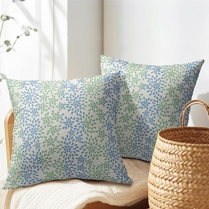 Blue Green Pillow Covers 16x16 Set of 2 Modern Geometry Dahlia Floral Print Pattern Outdoor Decorative Linen Zipper Throw Pillows Cases Cushion Cover Rustic Decoration Farmhouse Sofa Couch Bed Decor