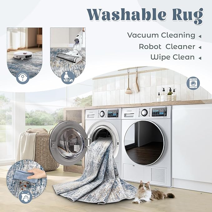 5x7 Area Rugs for Living Room, Washable Modern Abstract Large Area Rug Neutral Soft Non Slip Kids Rug Stain Resistant Indoor Carpet for Bedroom Nursery Dining Room Home Office(BlueWhite, 5'x7')