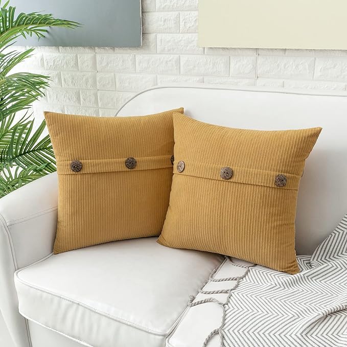HWY 50 Mustard Yellow Chenille Throw Pillow Covers 22x22 Inch with Triple Buttons, Soft Farmhouse Accent Decorative Cushion Cases for Couch Sofa Bed Living Room Pack of 2