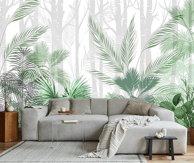 Artistically Painted Mural with Leaves of Tropical Plants on a Hazy Woodland Background Photo Wallpaper（Non-self-Adhesive）