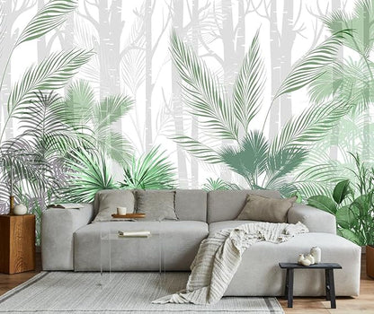 Artistically Painted Mural with Leaves of Tropical Plants on a Hazy Woodland Background Photo Wallpaper（Non-self-Adhesive）
