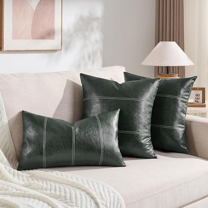 Fancy Homi 2 Packs Dark Green Long Lumbar Faux Leather Decorative Throw Pillow Covers 12x24 Inch for Couch Bed, Modern Farmhouse Boho Home Decor, Olive Green Hand Stitched Cushion Case 30x60 cm
