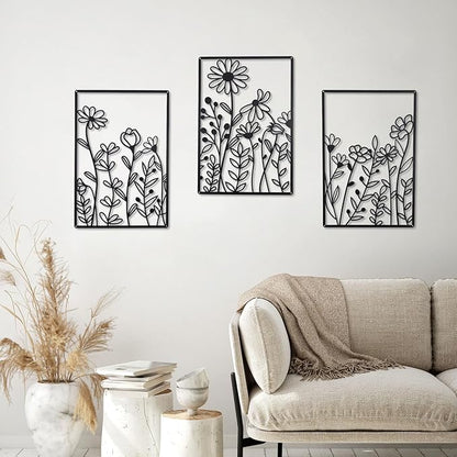 OYEFLY 3 Pcs Metal Flower Wall Decor,Minimalist Flower Wall Decors,Rustic Farmhouse Decor (Black)