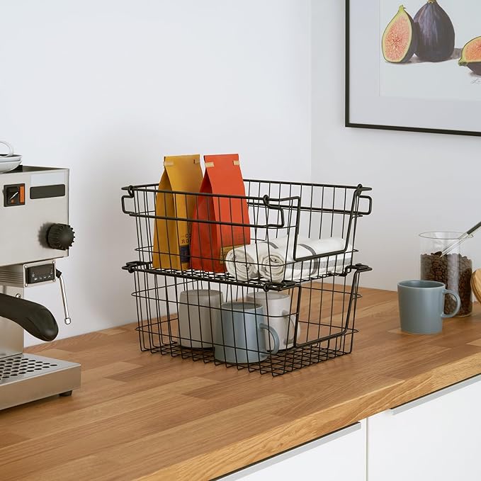 TRINITY 2-Pack Stackable Metal Wire Storage Baskets With Handles, Black, 11 Inches